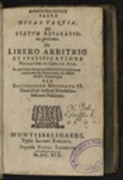 Sacrae decas tertia, ad statum reparationis pertinens. De Libero arbitrio et justificatione Peccatoris coram Deo...per Balthasarem Meisnerum SS. Theol. D & in Acad. Witteb. Professorem Publicum / Balthasar Meisner | Meisner, Balthasar (1587-1626) - théologien allemand. Auteur