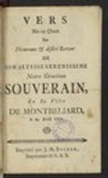 Vers mis en chant sur l'heureux & désiré Retour de Son Altesse Serenissime Notre Gracieux Souverain, en Sa Ville de Montbéliard, le 29 Avril 1771 / Anonyme | 