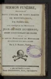 Sermon funèbre, prononcé dans l'Eglise de Saint-Martin de Montbéliard, le 25 novembre 1807, aux obsèques de Monsieur Jean-George Duvernoy, ancien Surintendant des Eglises de la ci-devant Principauté de Montbéliard et pasteur de celle de St.-Martin. Par L.F. Masson, Pasteur / Léopold Frédéric Masson | Masson, Léopold Frédéric (17..-18..) - pasteur et théologien français. Auteur